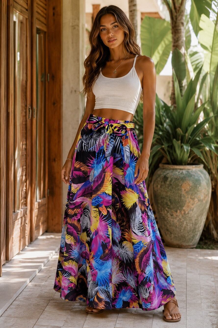 Her Destiny Women’s 1X Plus Feather Print Maxi Skirt Boho Tropical Tie Waist